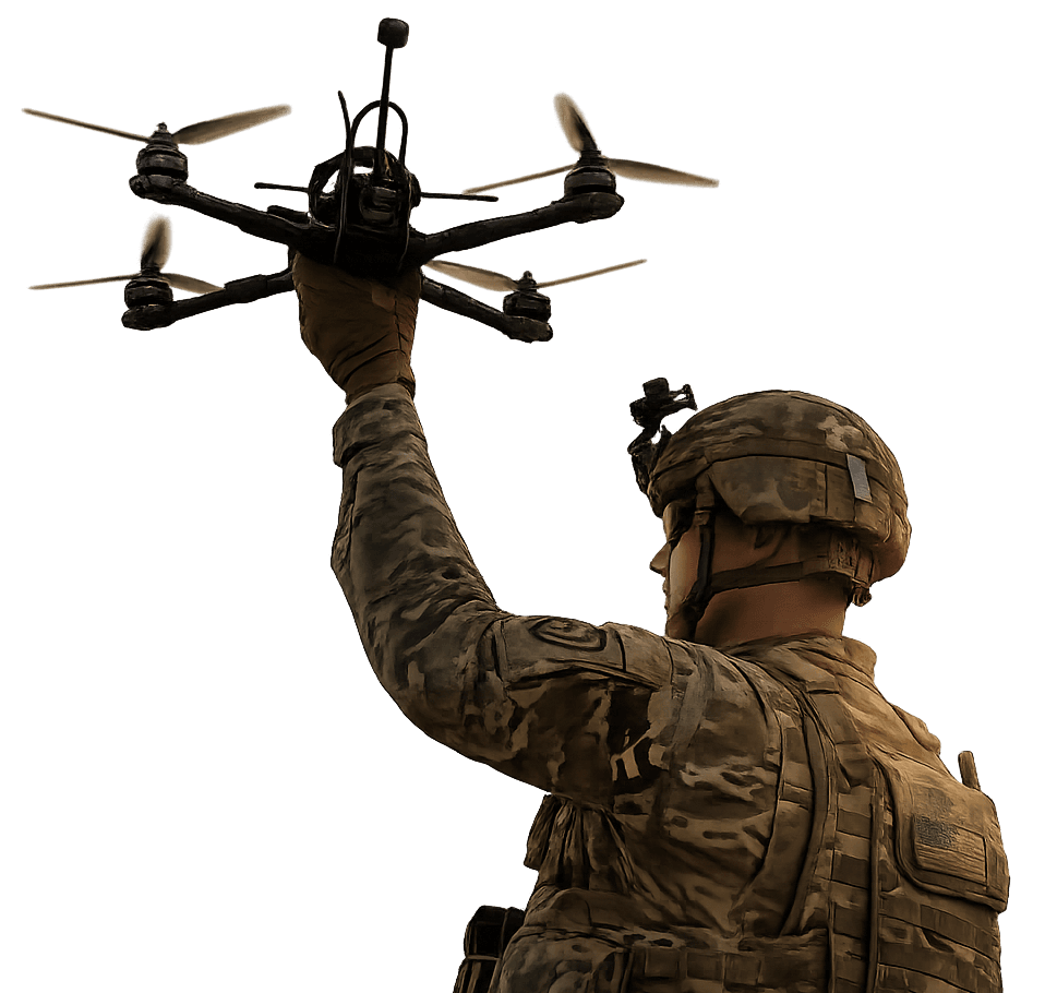 Military operator launching tactical drone for field deployment